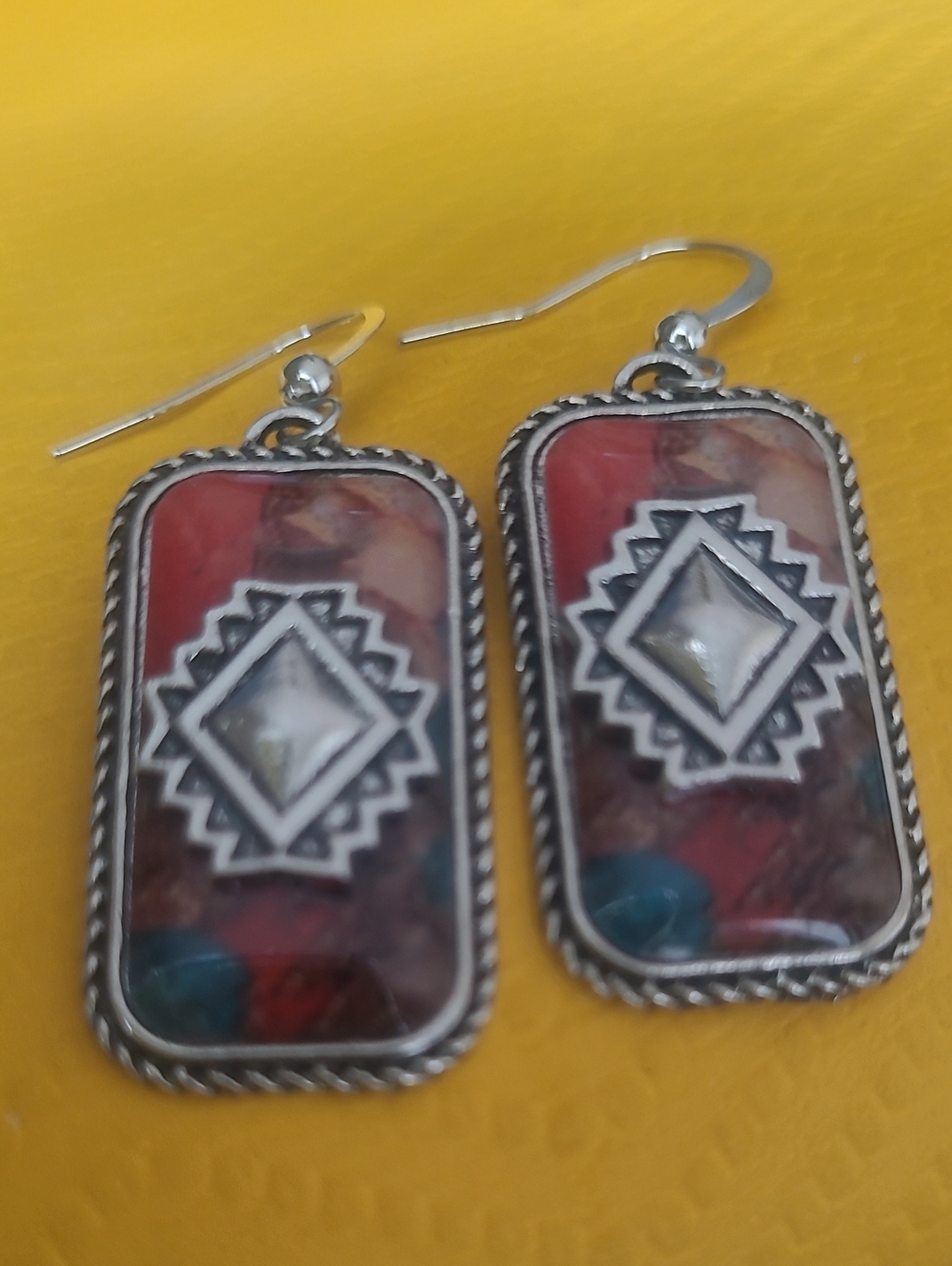 Sterling Silver Multicolor Rectangle Inlay Drop Earrings